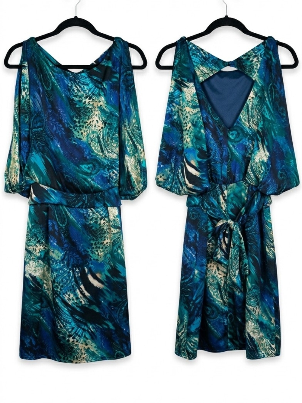 Bisou Bisou Teal & Navy Abstract Print Midi Dress Size 10